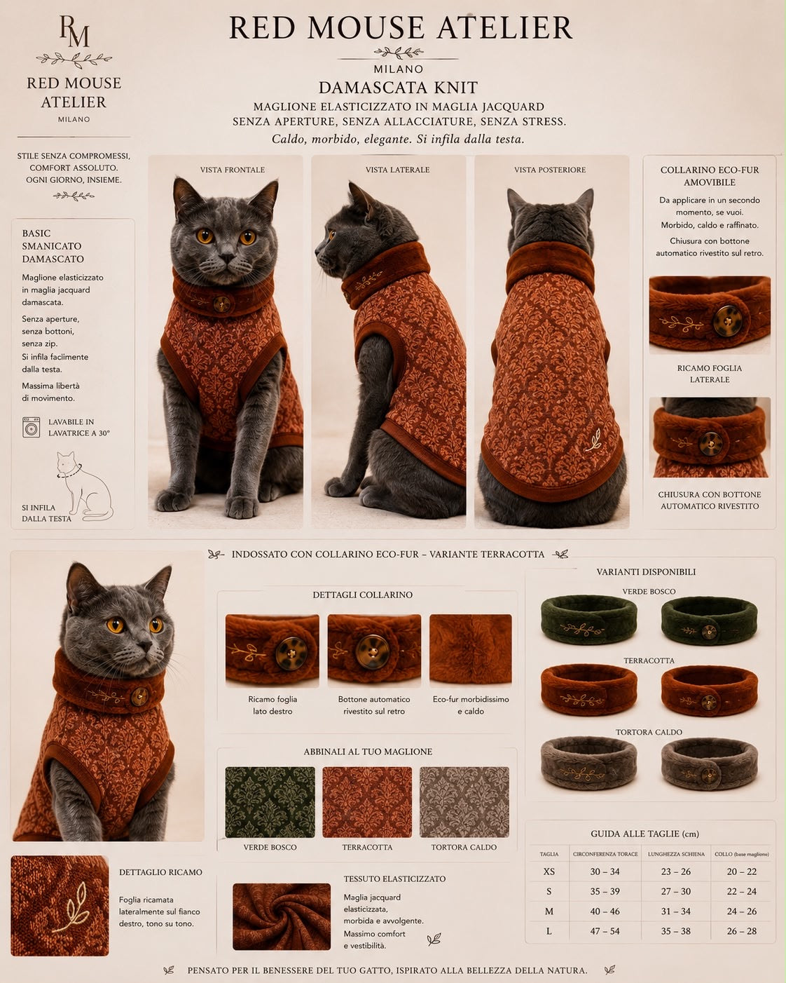 Damascata Knit terracotta con collarino coordinato, concept couture elasticizzato.