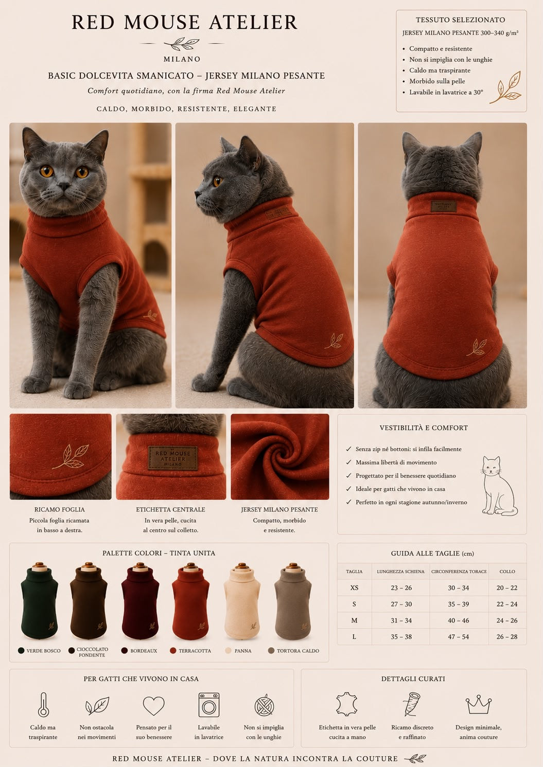 Gatto con capo Essential Milano terracotta, concept Red Mouse Atelier Milano per maglieria couture felina.